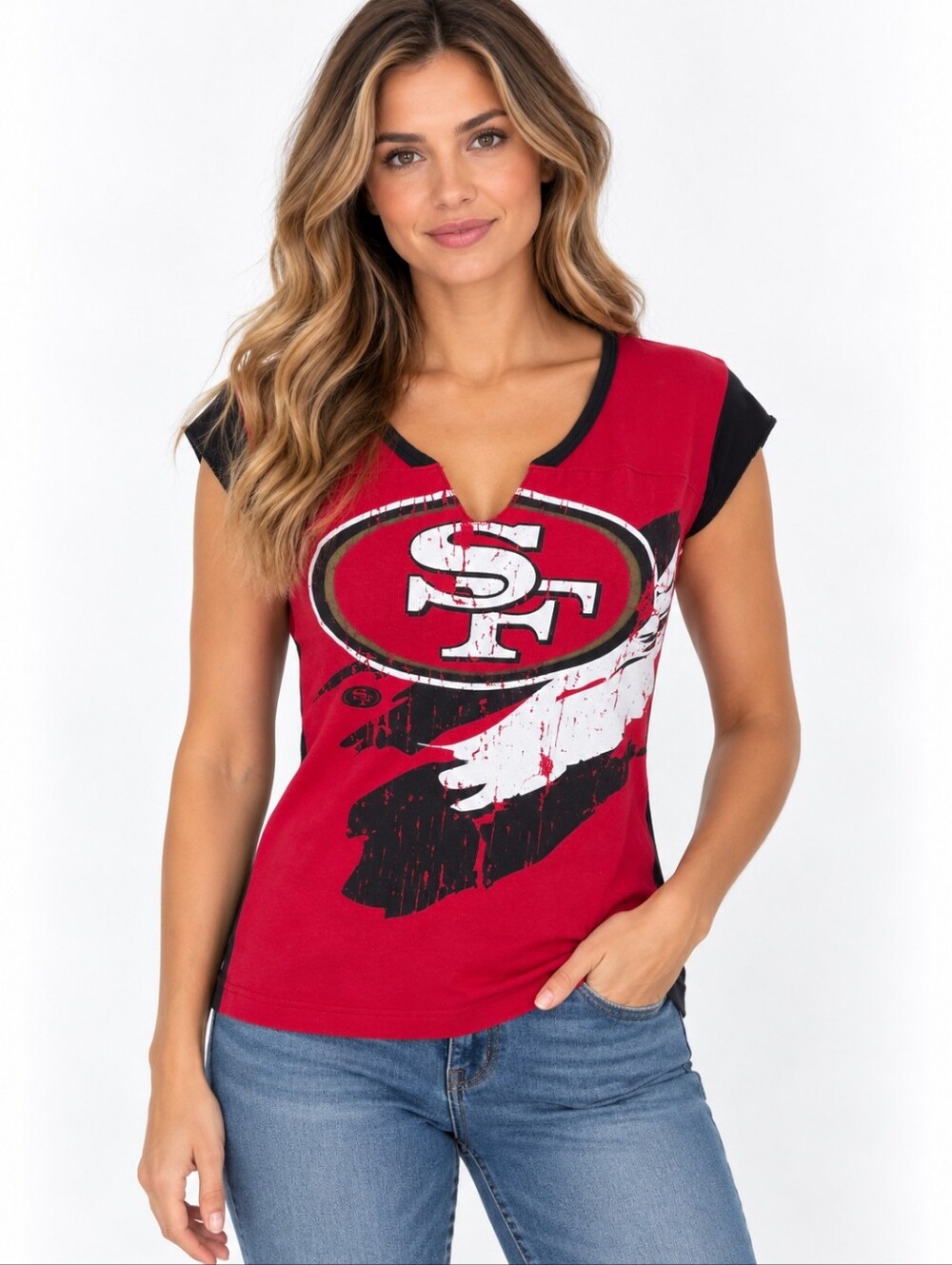San Francisco 49ers Womens Shirt Large Red Black NFL Graphic V Neck Tee